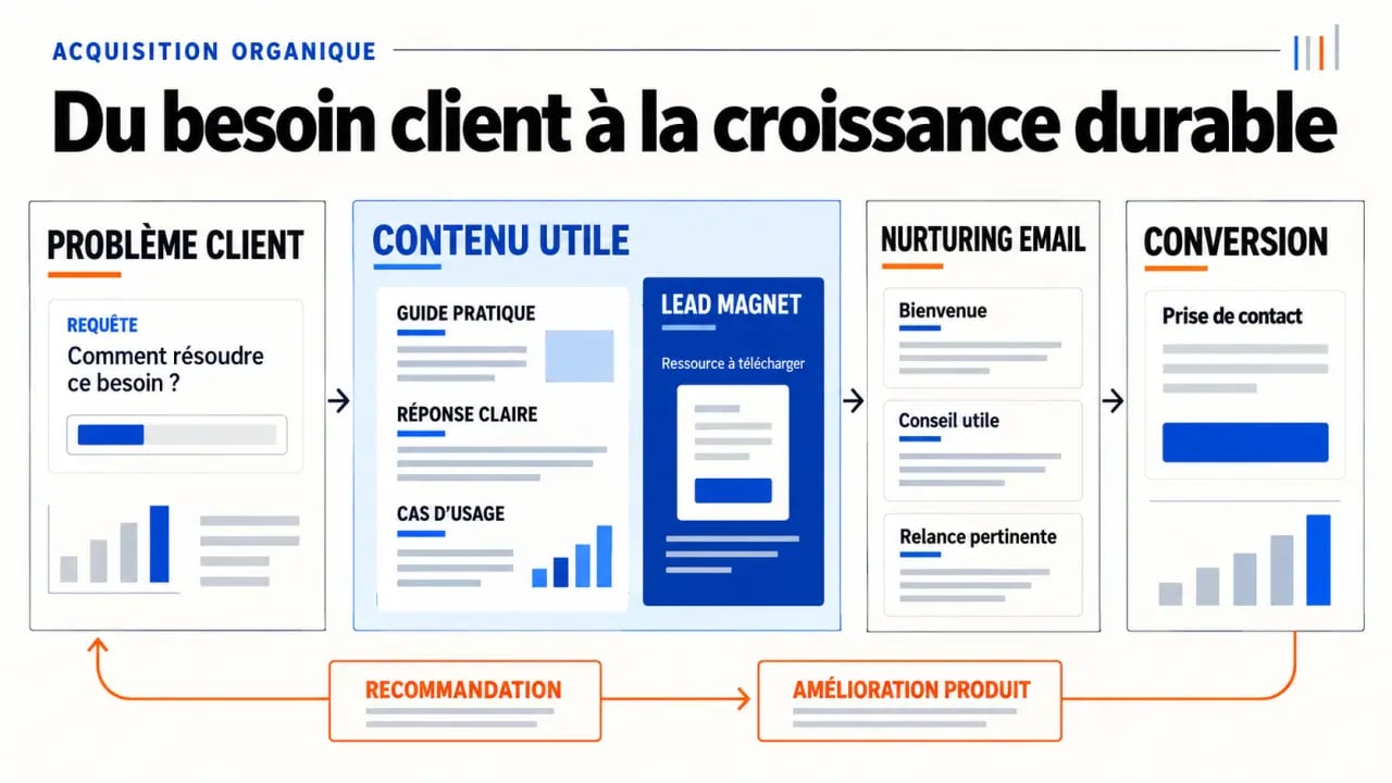 Stratégie acquisition organique startup : parcours du problème client au contenu, au lead et à la conversion
