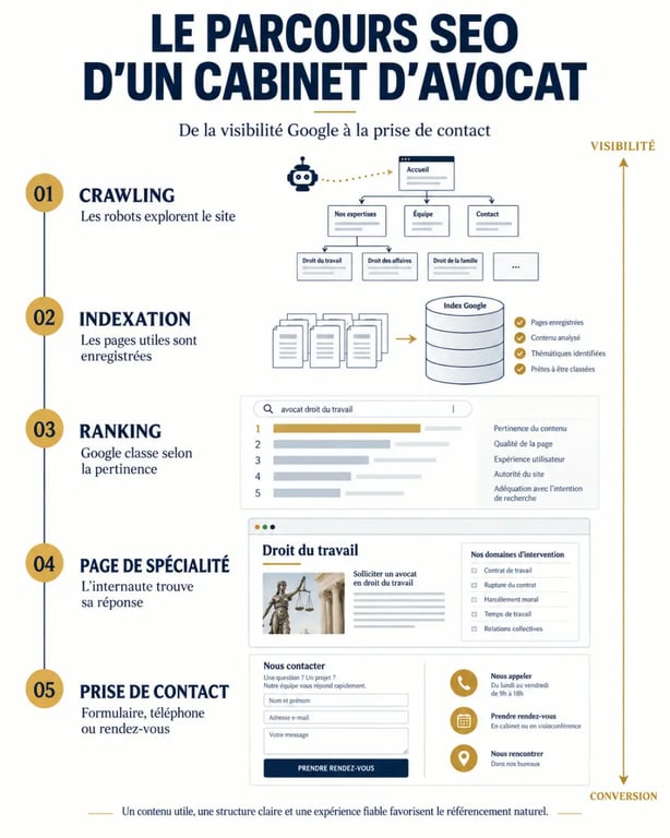 Infographie sur le référencement naturel d’un cabinet d’avocat, du crawling à la prise de rendez-vous
