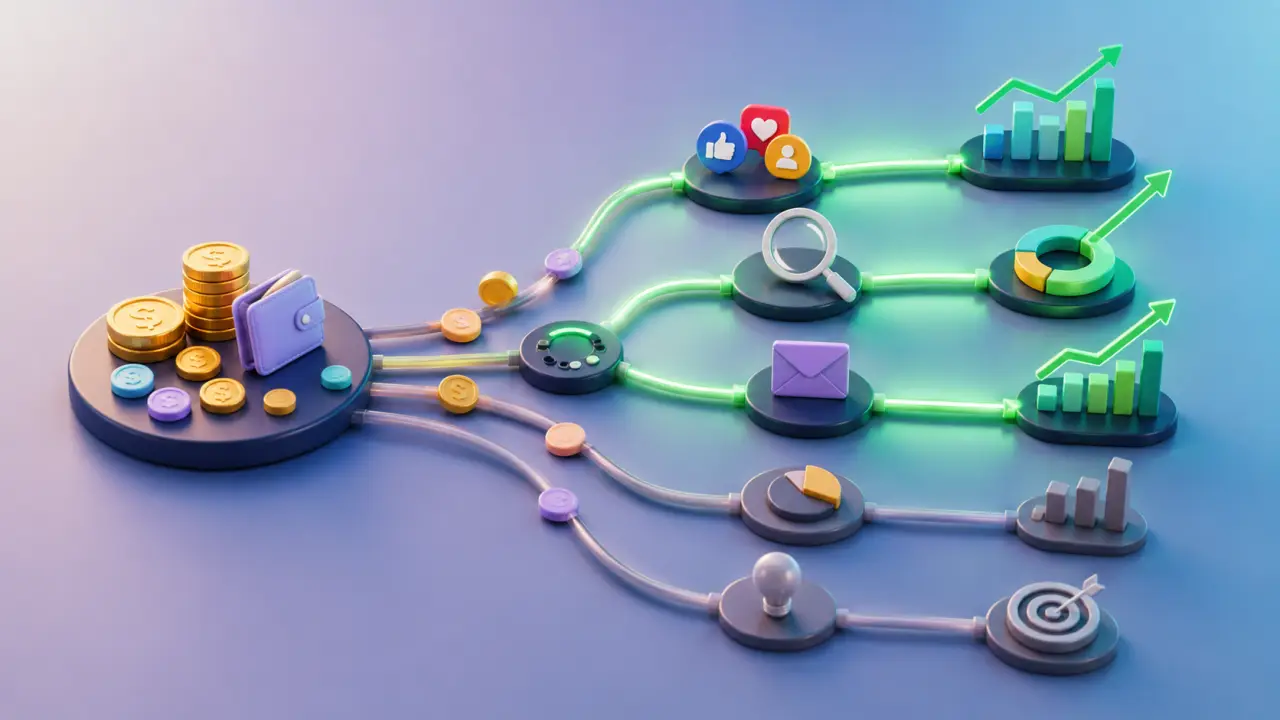 Illustration 3D abstraite de canaux marketing rentables pour un micro-budget