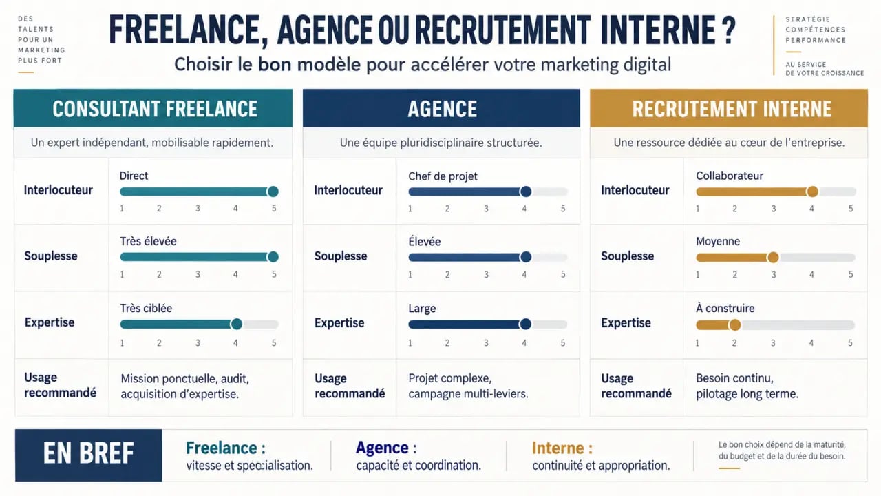 Comparaison entre consultant marketing digital freelance, agence et recrutement interne
