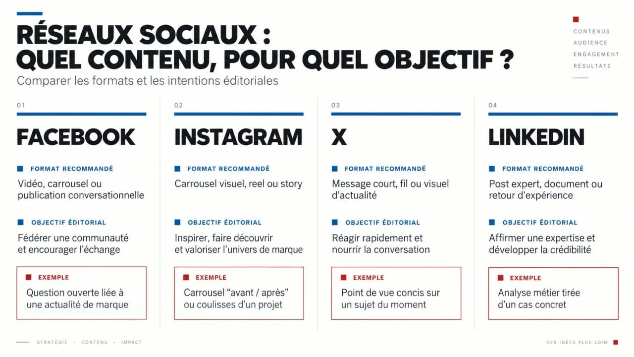 Tableau visuel des formats et objectifs du contenu réseaux sociaux selon Facebook, Instagram, X et LinkedIn