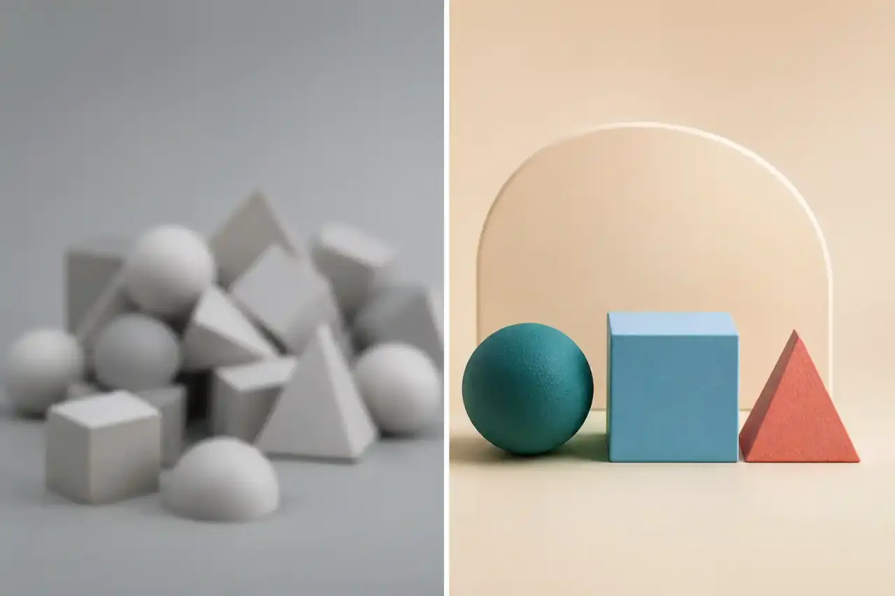 Illustration 3D abstraite sur la transformation d’une marque, formes fluides violettes et dorées