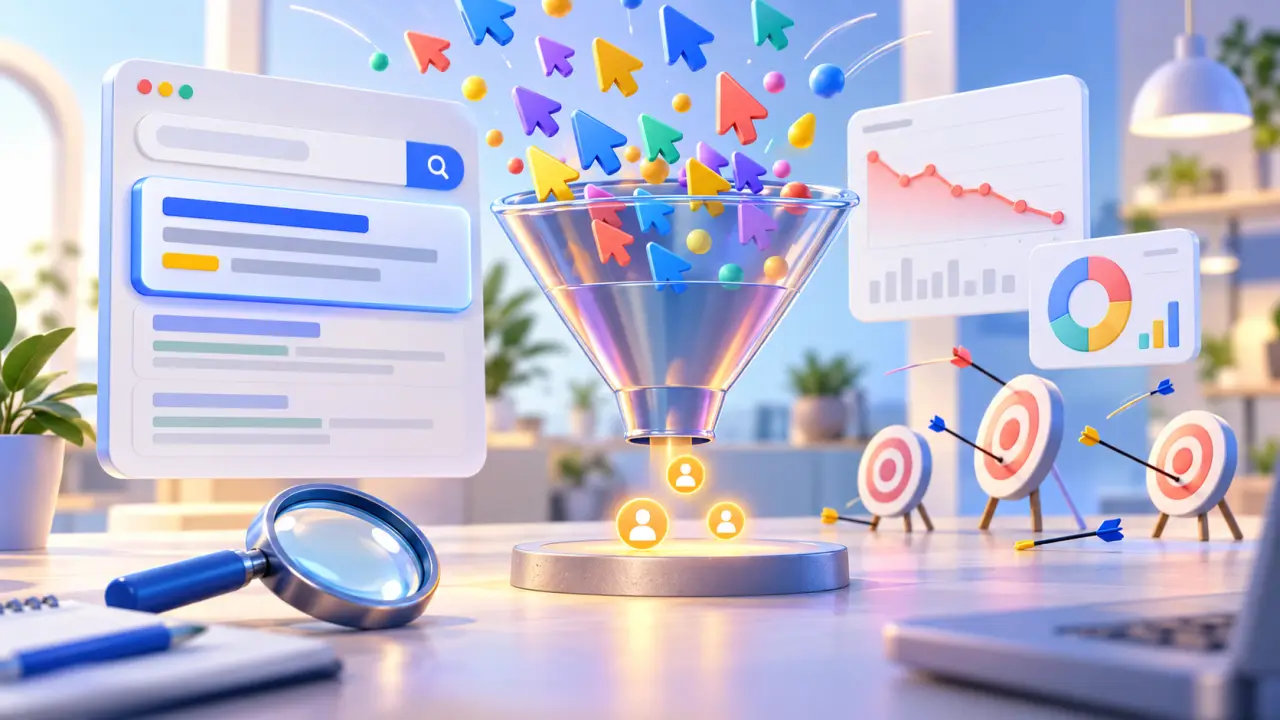 Illustration abstraite d'une campagne Google Ads analysée par une équipe marketing