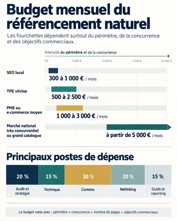 Infographie du budget mensuel référencement naturel selon le type de site et le niveau de concurrence