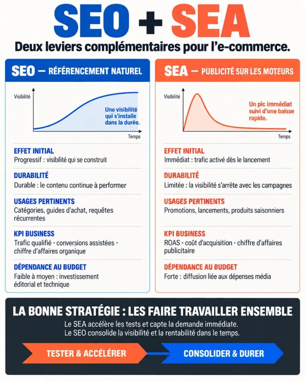 Consultant SEO e-commerce : infographie comparative entre SEO et SEA