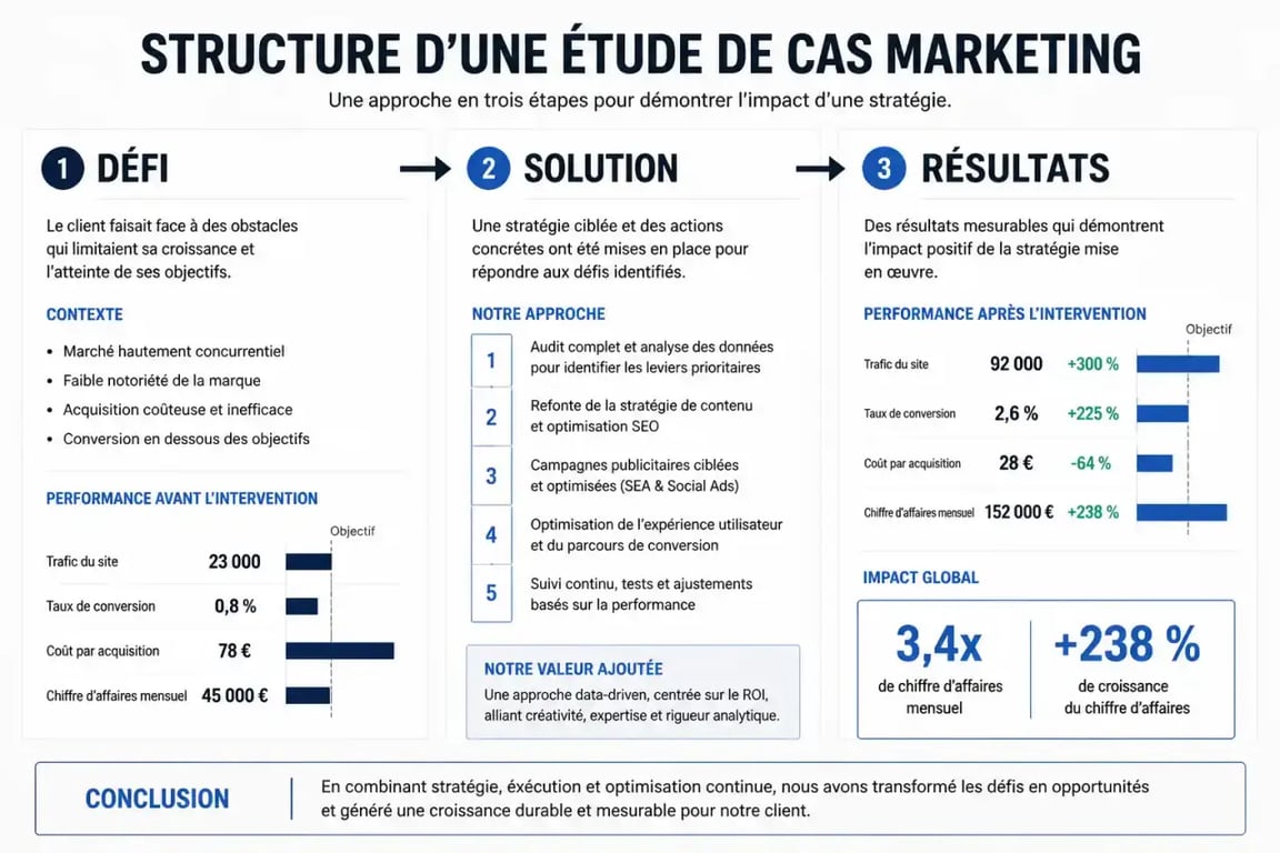 Schéma de la structure d'une étude de cas marketing digital efficace