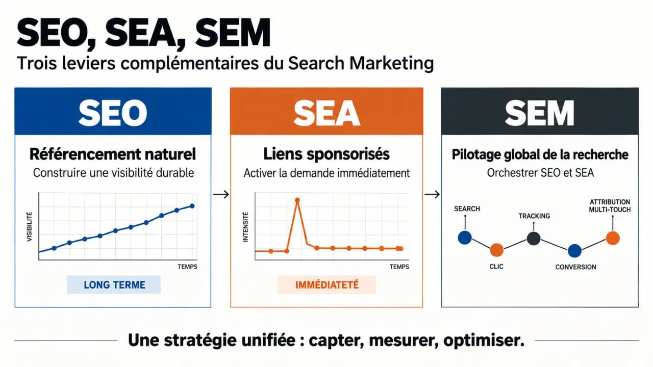Agence de Search Marketing : schéma comparatif entre SEO, SEA et SEM