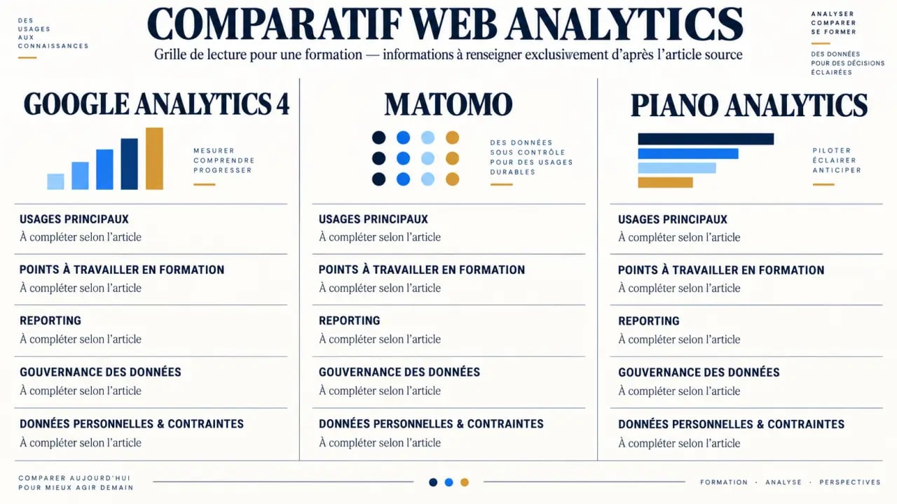 Formation web analytics : comparaison visuelle de Google Analytics 4, Matomo et Piano Analytics