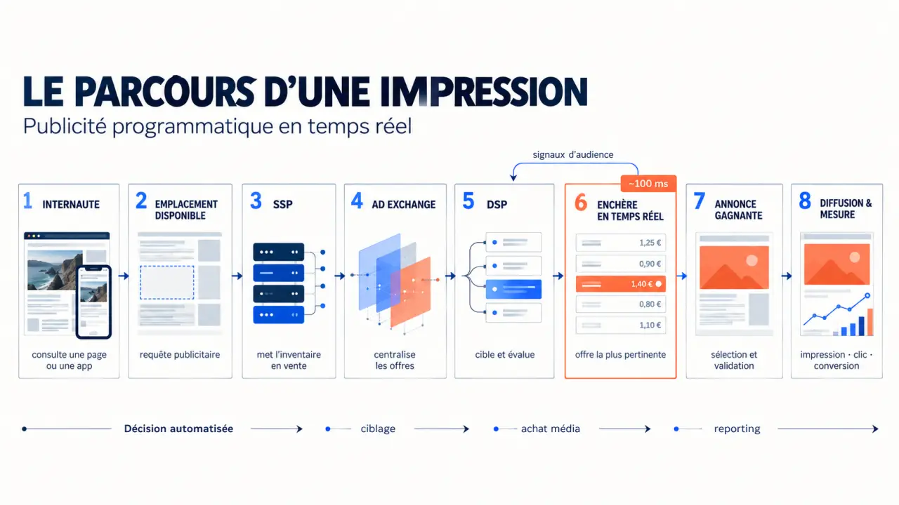 Schéma du fonctionnement de la publicité programmatique et du parcours d'une impression