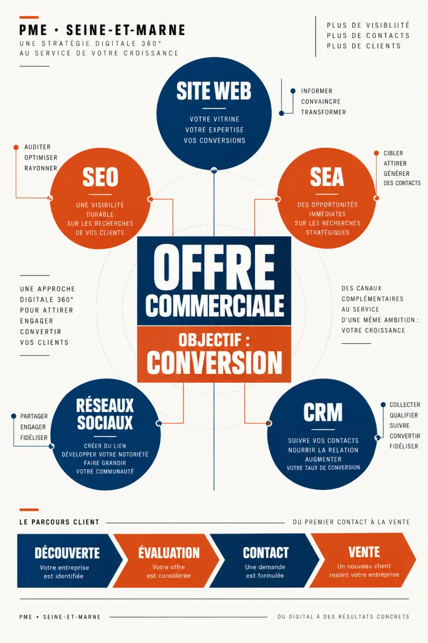Infographie sur une stratégie digitale 77 coordonnant site web, SEO, SEA, réseaux sociaux et CRM