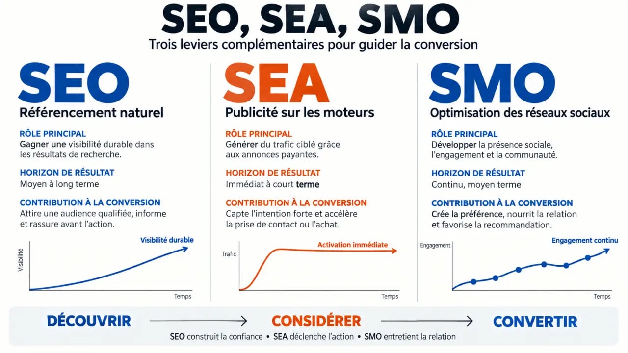 Infographie agence SEM SEO comparant les leviers SEO SEA et SMO