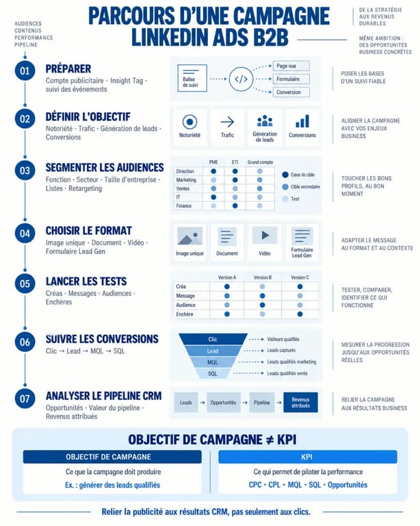 Formation LinkedIn Ads en ligne : schéma du parcours d’une campagne B2B, du ciblage au suivi des conversions