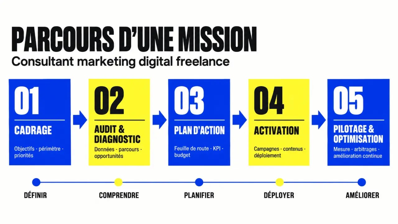 Étapes d’une mission de consultant marketing digital freelance, de l’audit au pilotage