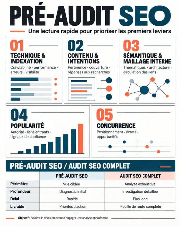 Infographie sur le pré-audit SEO et ses cinq axes d'analyse